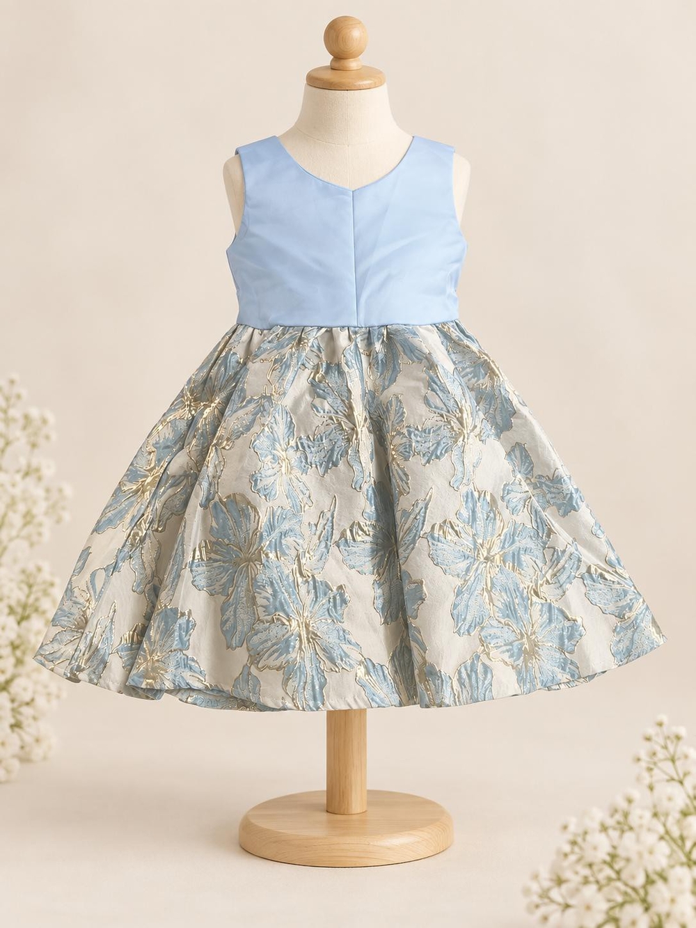 Classic Blue & Silver Floral Party Dress for Kids